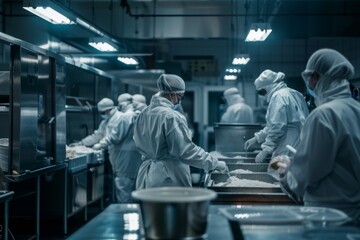 Bustling food processing facility with workers in protective gear operating machinery