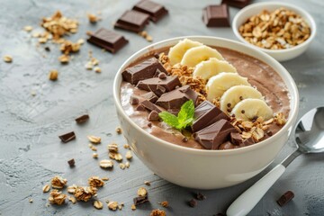 Chocolate smoothie bowl with bananas granola and chocolate on light gray concrete background