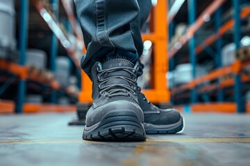 Close up of safety working shoe on worker feet standing in factory