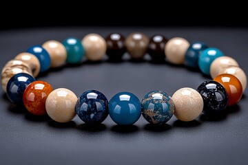 A close-up of a sea stone bracelet, its colors reflecting the natural hues of the ocean, from deep blues to sandy beige