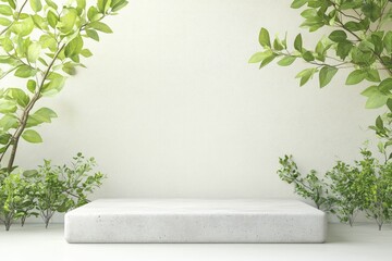 Poster - Minimalist Concrete Podium, front view focus, complemented by a Tranquil Zen Garden Setting, showcasing elegant product arrangements.