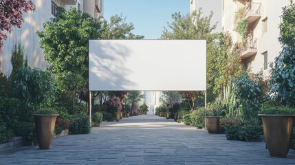 Wall Mural - blank billboard on a pedestrian street lined with greenery, offering a clean and inviting mockup for