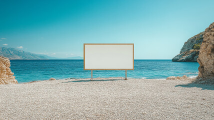 Wall Mural - blank billboard on a quiet beach with a scenic sea view, offering a serene mockup for outdoor advert