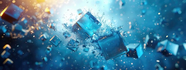 Wall Mural - Falling ice cube with water drops splashing abstract background selective focus