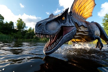 A colossal Spinosaurus emerging from a lake, its sail towering above the water as it hunts for fish with precision