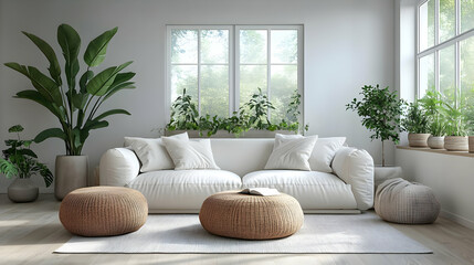 A cozy living room with a white sofa, plants, and natural light creating a serene atmosphere.