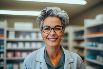 Wall Mural - Portrait of a middle aged Hispanic female worker in pharmacy