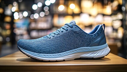 Trendy running shoes displayed on a wooden shelf in a bright sports store