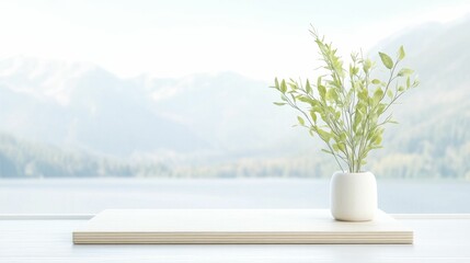 Wall Mural - Scandinavian Birch Podium front view emphasis featuring a tranquil lakeside retreat backdrop showcasing elegant product arrangements.