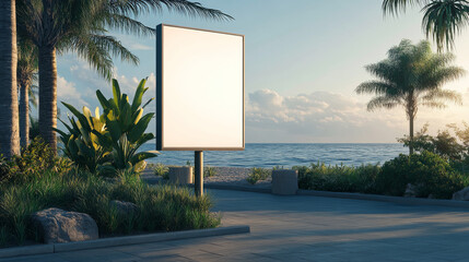 Wall Mural - blank billboard near a beach framed by palm trees, offering a tropical mock up ideal for outdoor adv