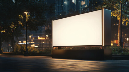 Wall Mural - lit billboard in a peaceful city square at night, offering a well-positioned mock up for illuminated