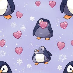 Sticker - Cute Penguin Seamless Pattern with Hearts and Stars