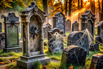 Faux gravestones and creepy headstones with spider webs