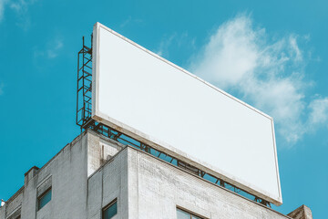 Wall Mural - large blank billboard on top of a high-rise, a prime mockup for urban advertising set against a clea