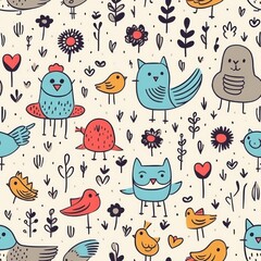 Sticker - Cute Hand Drawn Birds  Flowers  and Hearts Seamless Pattern