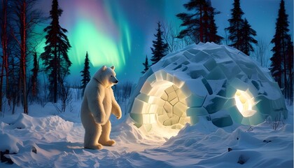 Curious bear in Eskimo attire building an igloo under the mesmerizing northern lights in a winter wonderland