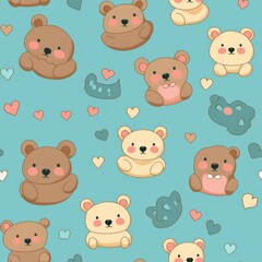 Sticker - Cute Cartoon Bears and Hearts Seamless Pattern   Kids Background