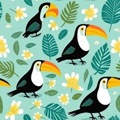 Sticker - Tropical Toucan Bird Seamless Pattern Illustration Design