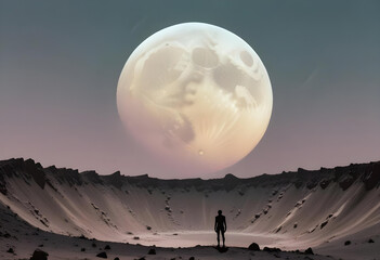 A man is standing in front of a full moon