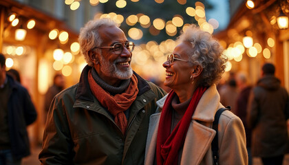 Happy senior African American couple enjoying a New Year street fair, surrounded by festive garlands and lights.






