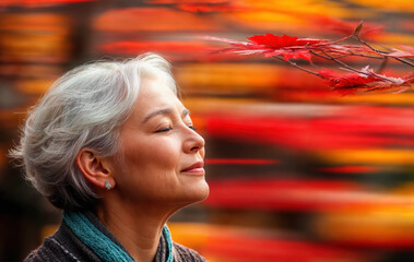 Wall Mural - a woman looking to the side. She is wearing red clothing and the portrait was taken outdoors.