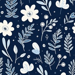 Sticker - Blue and White Floral Seamless Pattern on Dark Navy Background