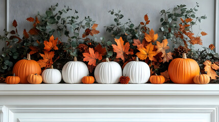 Wall Mural - A decorative autumn mantel featuring pumpkins and foliage in warm fall colors.