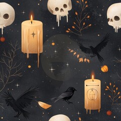 Intricate pattern featuring skulls, candles, crows, and autumn elements, perfect for Halloween or mystical themes.