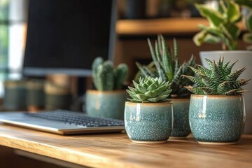 Canvas Print - Succulents in Blue Pots on a Wooden Desk