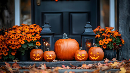 Wall Mural - A festive autumn scene with carved pumpkins and vibrant flowers on a porch.