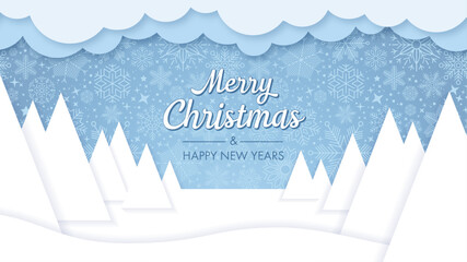 Winter christmas composition in paper cut style.Merry Christmas text Calligraphic Lettering Vector illustration