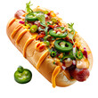 © Pornsurang - Delicious hot dog loaded with jalapenos, cheese, and fresh vegetables, perfect for a tasty meal or snack., transparent background