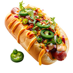 Delicious hot dog loaded with jalapenos, cheese, and fresh vegetables, perfect for a tasty meal or snack., transparent background