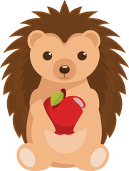 Poster - Adorable cartoon hedgehog holding a red apple with a green leaf