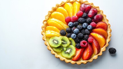 Sticker - A colorful fruit tart with a perfectly golden crust, garnished with an array of vibrant fresh fruits on a simple white background.