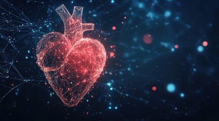 Wall Mural - Abstract digital human heart with glowing lines and dots on a dark background, concept of medical technology in cardiology 