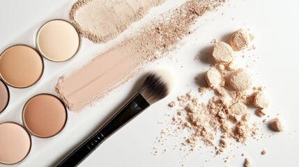 a makeup palette with natural beige tones and a makeup brush, highlighting the soft, neutral hues pe
