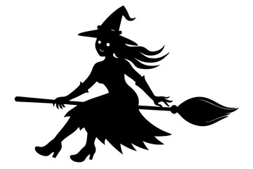 Witch flying on a broomstick silhouette, Halloween witch with broom vector illustration