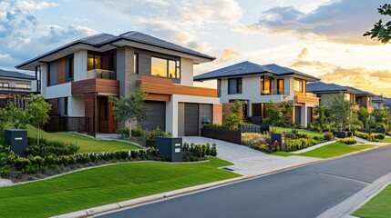 New suburban housing development, showcasing modern homes and manicured