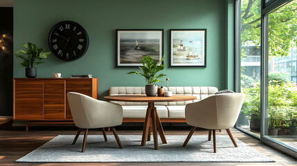 A modern living room featuring a cozy seating area with plants and artwork.