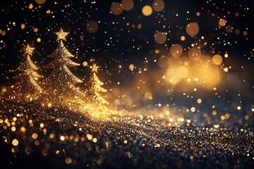 Magical Christmas trees with shimmering golden lights and bokeh effect