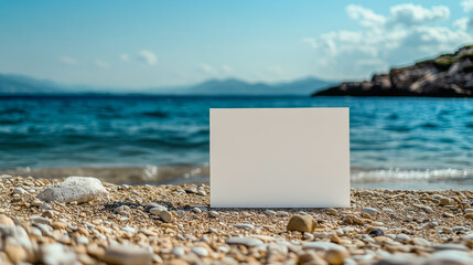 Wall Mural - blank sign on a rocky beach with a sea view, providing a natural mock up for outdoor advertising aga