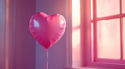 A pink heart-shaped balloon floating in a room filled with love and celebration.