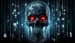 © Mert - The image shows a digital illustration of a skull with red glowing eyes against a background of cascading binary code. This visual represents themes of cybersecurity threats or artificial intelligence