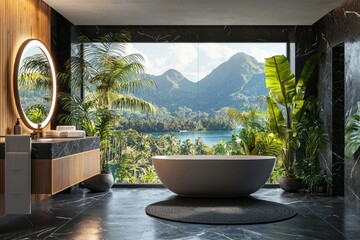 a luxury house with a sea view, including a bathtub on a wooden floor terrace. interior design, comp