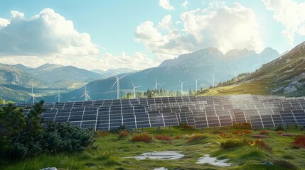 renewable energy farm: depict a vast renewable energy farm with solar panels and wind turbines, high