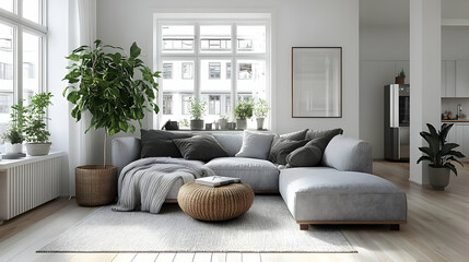 A modern living room with a cozy couch, plants, and natural light.