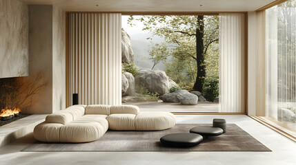 Wall Mural - A modern living room with a cozy seating area and large windows showcasing nature outside.