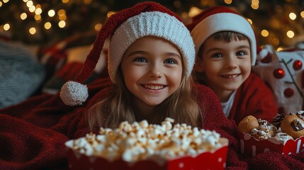 Family enjoying a Christmas movie marathon, snuggled together under blankets with popcorn and holiday snacks. 4K hyperrealistic photo.