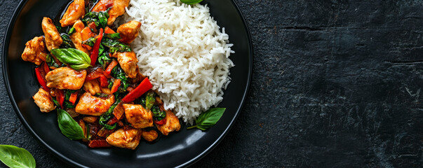 Delicious Thai basil chicken served with fluffy jasmine rice on sleek black plate, garnished with fresh basil leaves, creating vibrant and appetizing meal